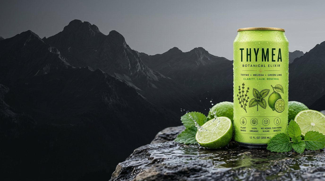 A fresh lime-green Thymea botanical drink on a mountain rock with lime and melissa